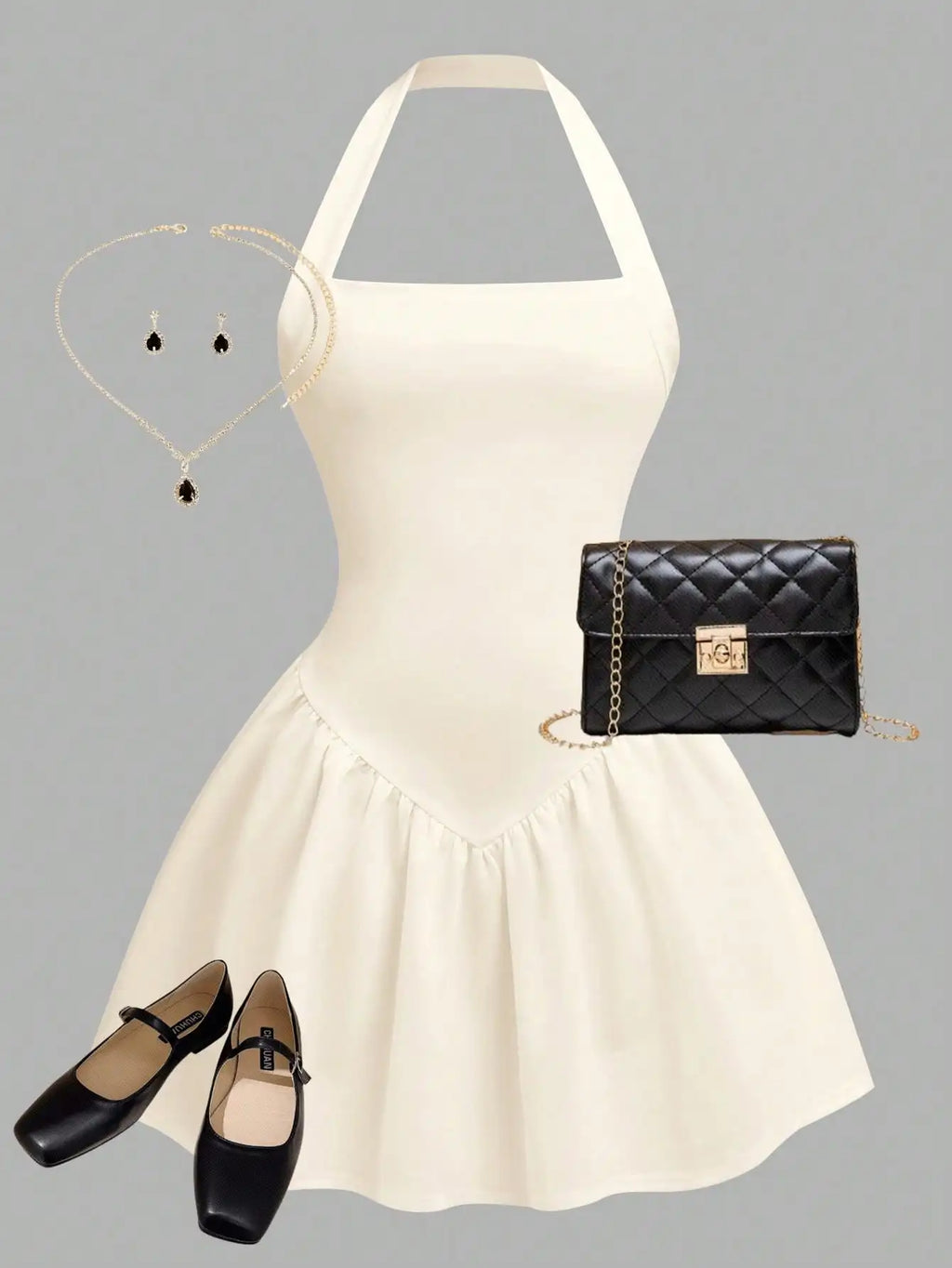 Halter Neck A-Line Mini Dress with Gathered Waist and Flared Hem