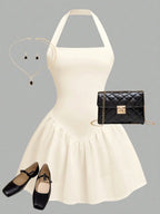 Halter Neck A-Line Mini Dress with Gathered Waist and Flared Hem