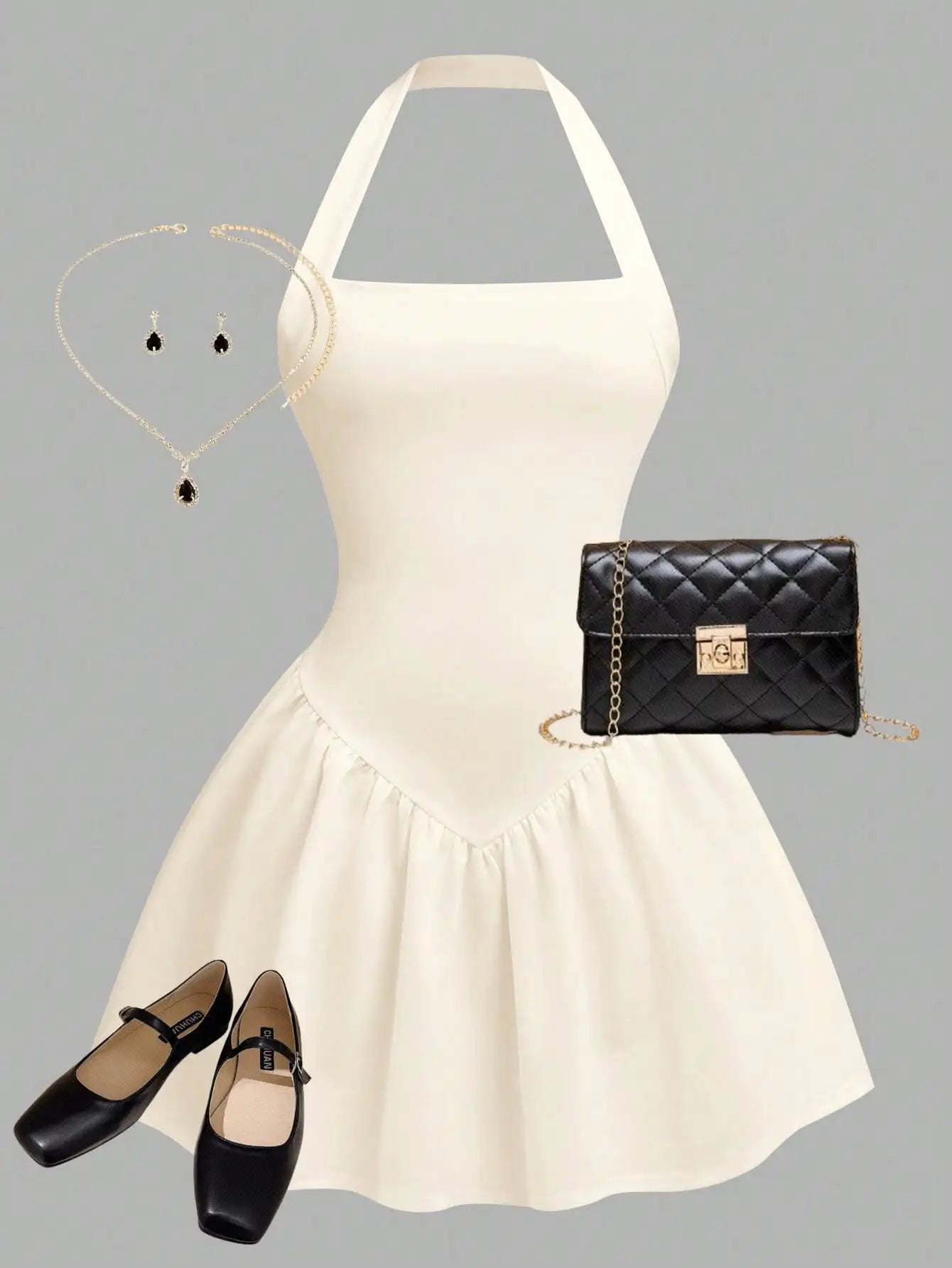 Halter Neck A-Line Mini Dress with Gathered Waist and Flared Hem