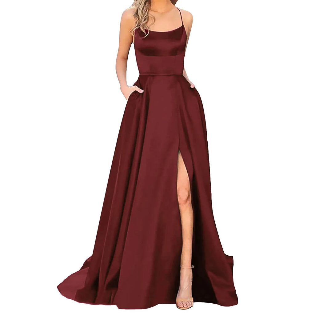 Spaghetti Strap Maxi Dress with Open Back Design and Side Slit Detail