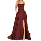 Spaghetti Strap Maxi Dress with Open Back Design and Side Slit Detail