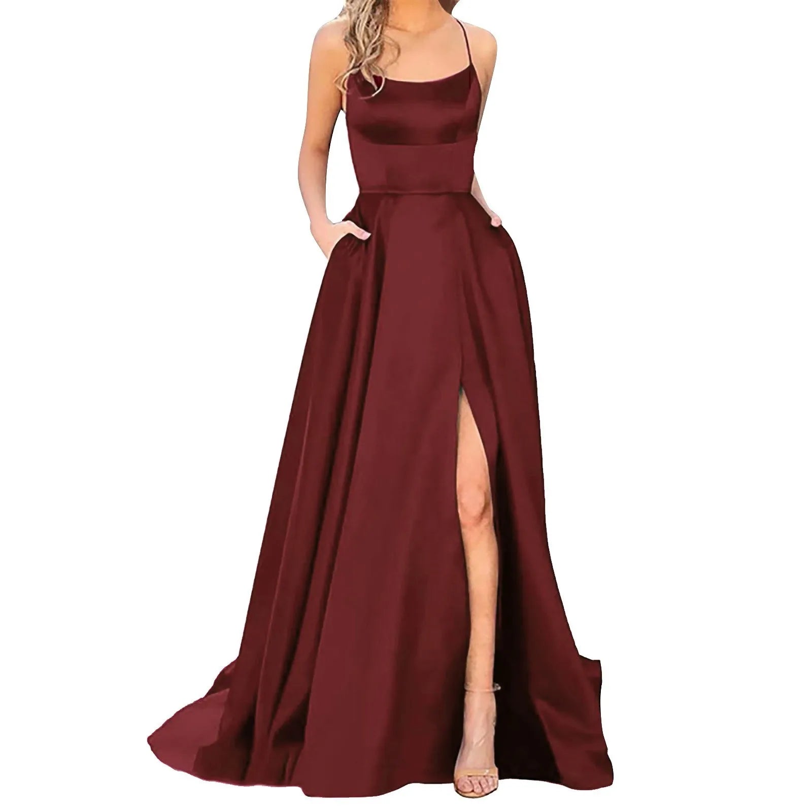 Spaghetti Strap Maxi Dress with Open Back Design and Side Slit Detail