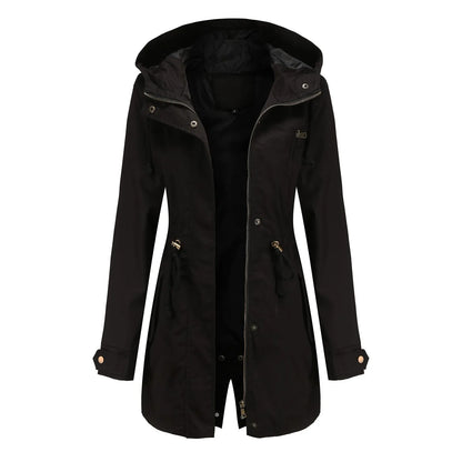 Women's Hooded Drawstring Longline Windbreaker Jacket with Lightweight Streetwear Outdoor Style