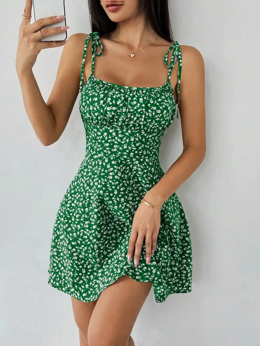 Sunny Yellow Ditsy Floral Mini Dress with Adjustable Shoulder Ties