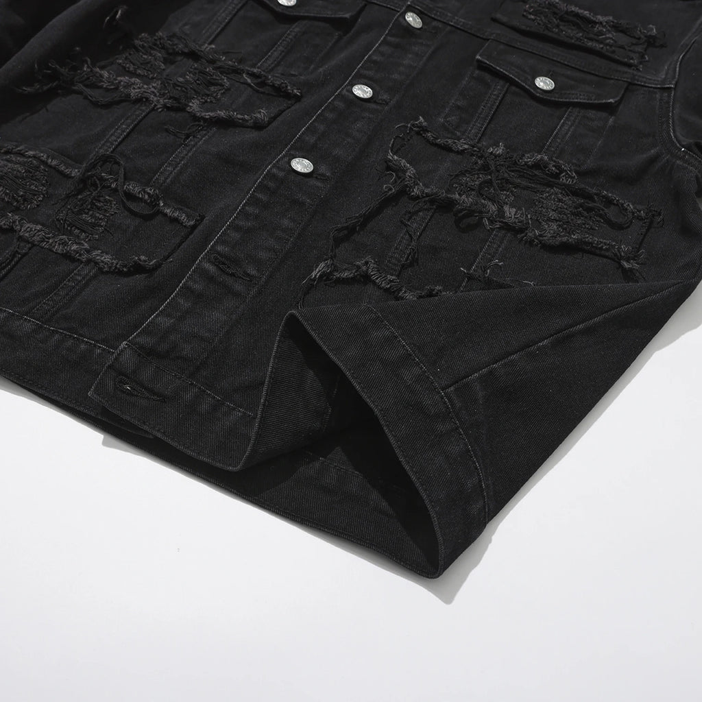 Men's Distressed Denim Jacket with Layered Patchwork Streetwear Design