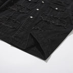 Men's Distressed Denim Jacket with Layered Patchwork Streetwear Design