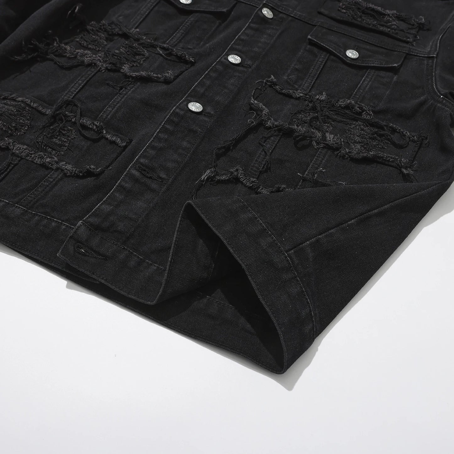 Men's Distressed Denim Jacket with Layered Patchwork Streetwear Design