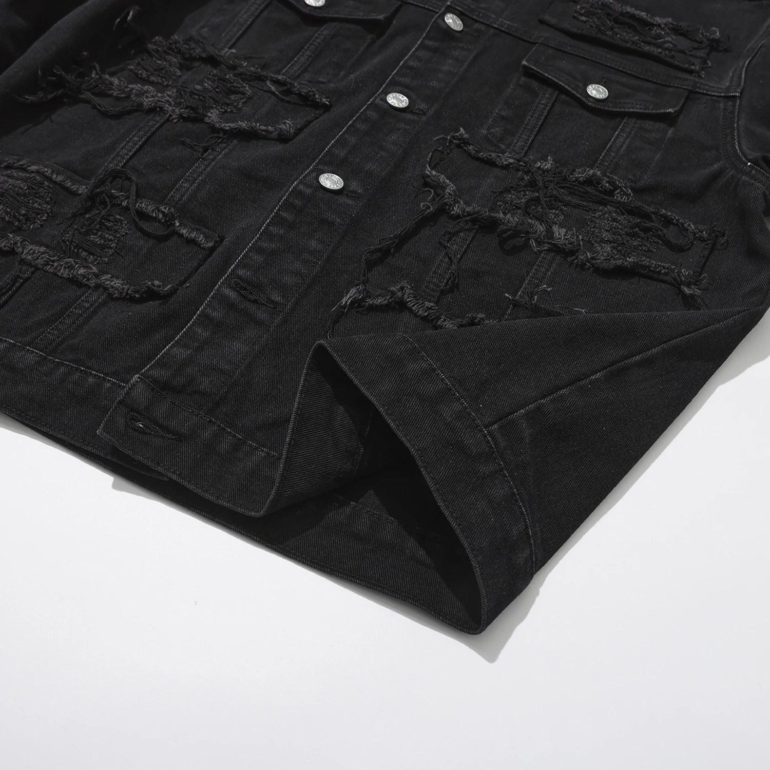 Men's Distressed Denim Jacket with Layered Patchwork Streetwear Design