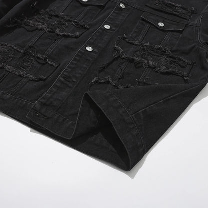 Men's Distressed Denim Jacket with Layered Patchwork Streetwear Design
