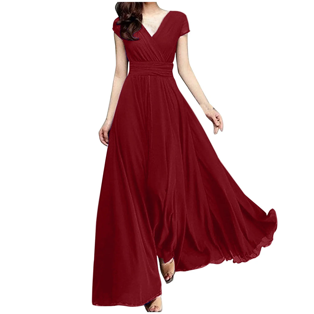 Flowing V Neck Maxi Dress With Soft Pleated Movement