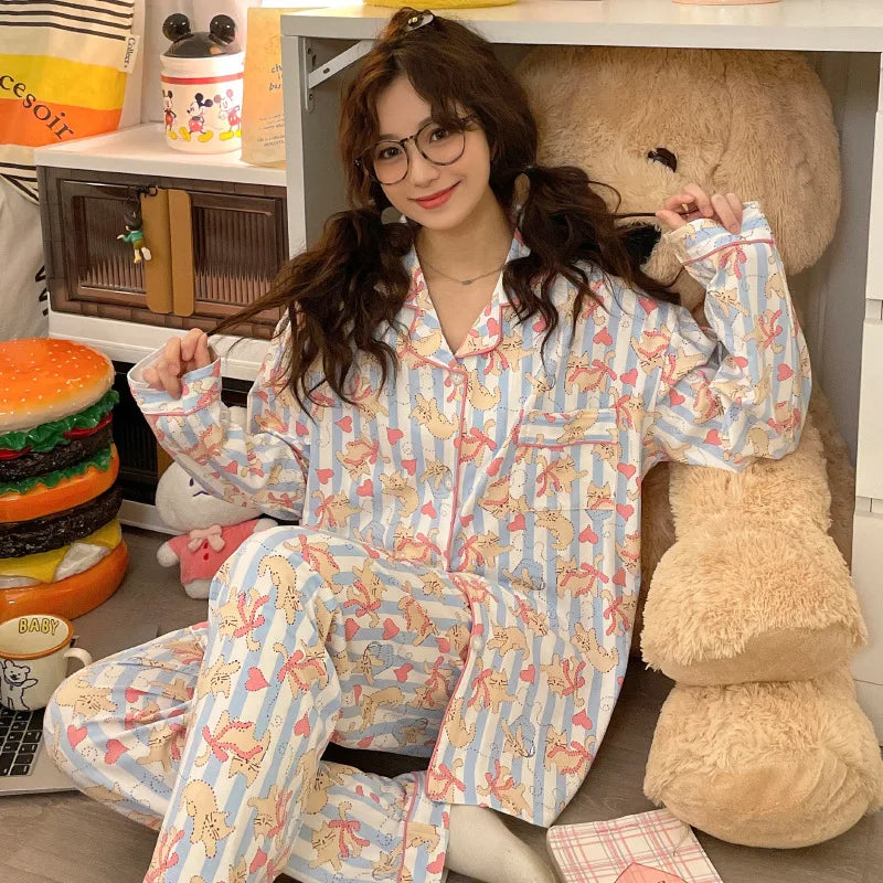 Women's Printed Pajama Co-Ord Set Relaxed Long Sleeve Loungewear Outfit