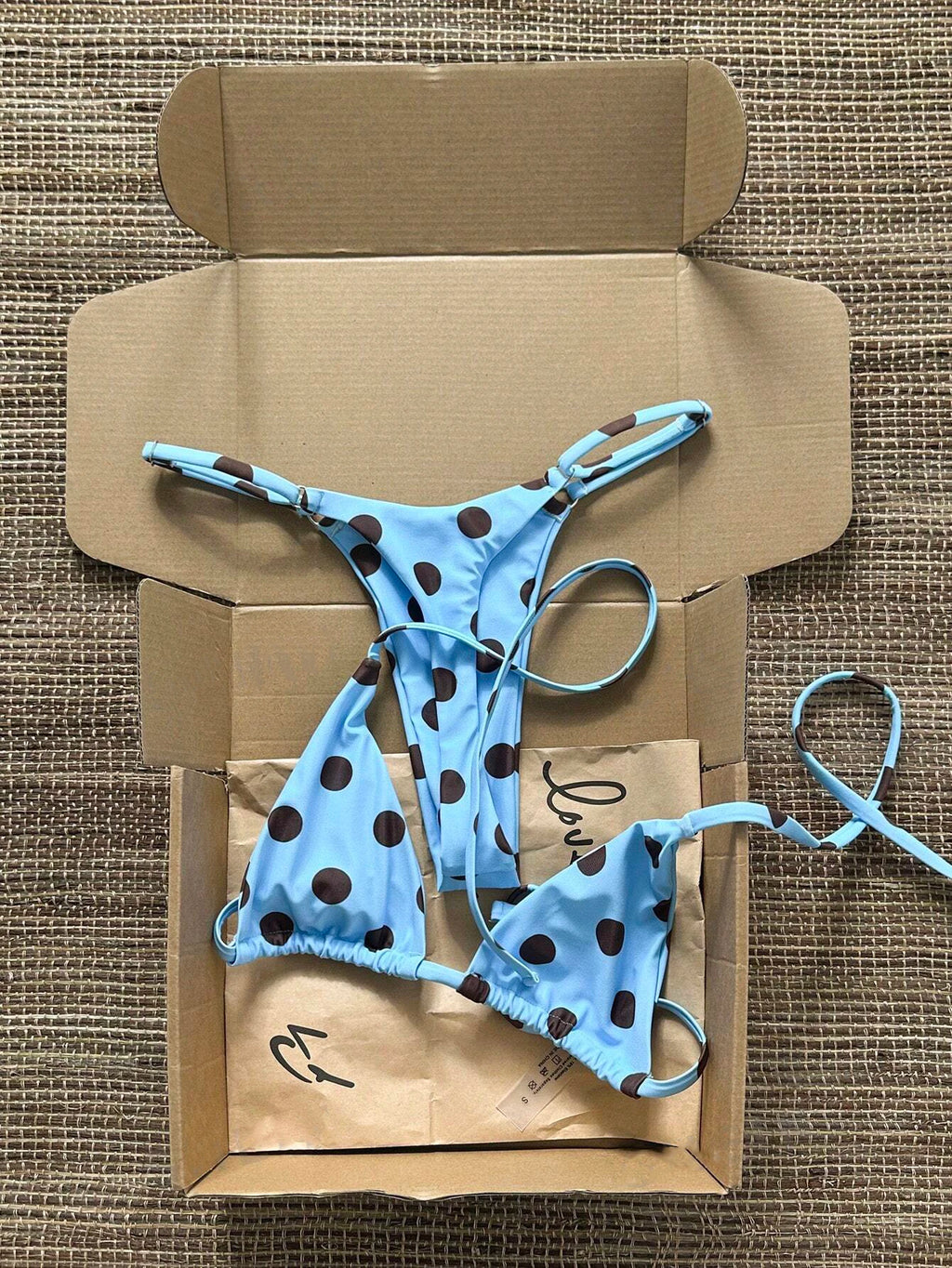 Light Blue and Brown Polka Dot Classic Tie-Side String Bikini Set