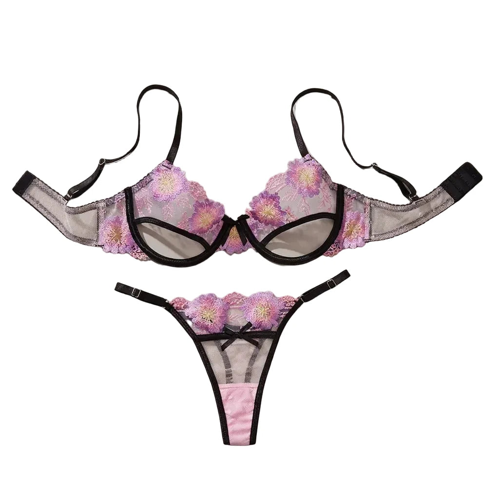 Playful Pink Floral Embroidery Cutout Underwire Bra and Thong Set
