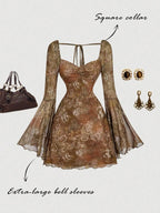 Bell Sleeve Lace Gothic Mini Dress with Dark Romantic Aesthetic