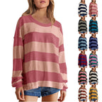 Women's Relaxed Striped Knit Pullover with Long Sleeves for Casual Everyday Streetwear Style