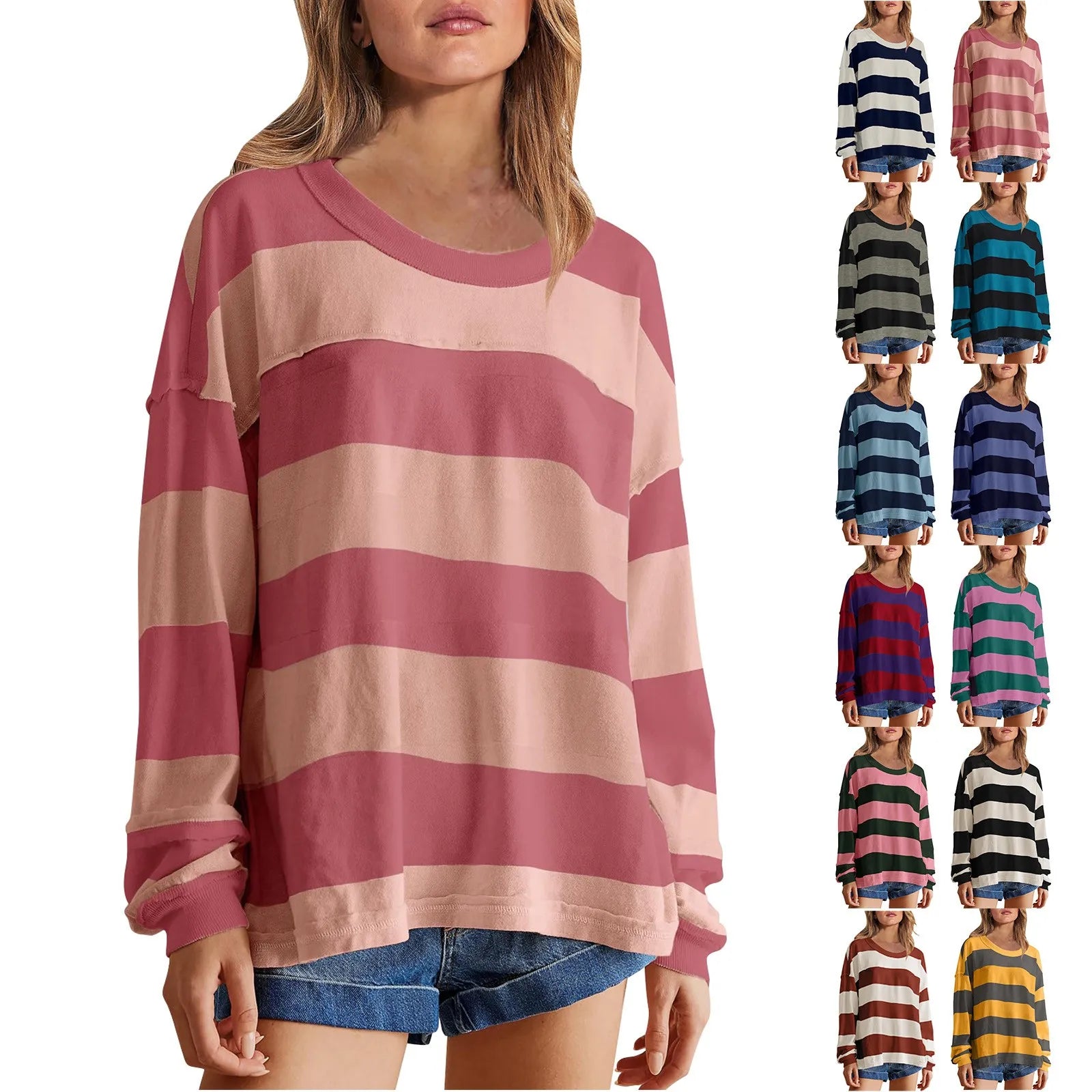 Women's Relaxed Striped Knit Pullover with Long Sleeves for Casual Everyday Streetwear Style