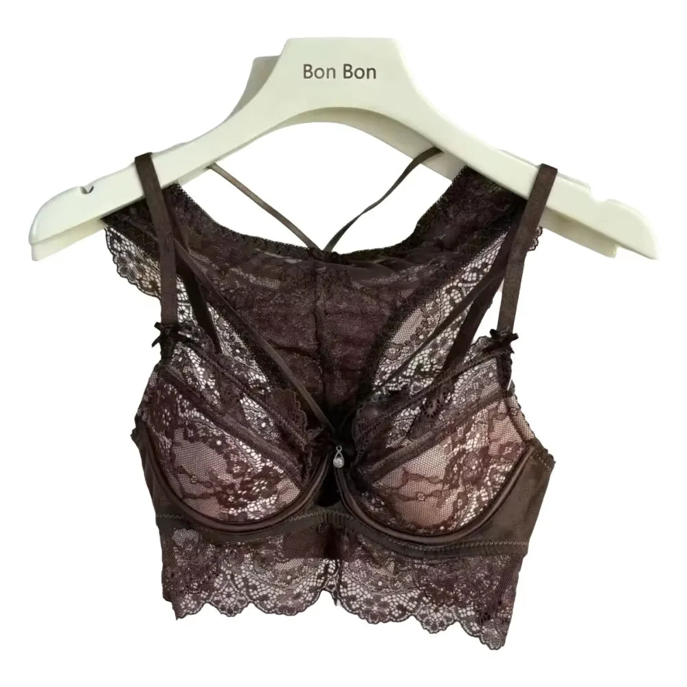 Rich Chocolate Brown Longline Floral Lace Underwire Bra Set