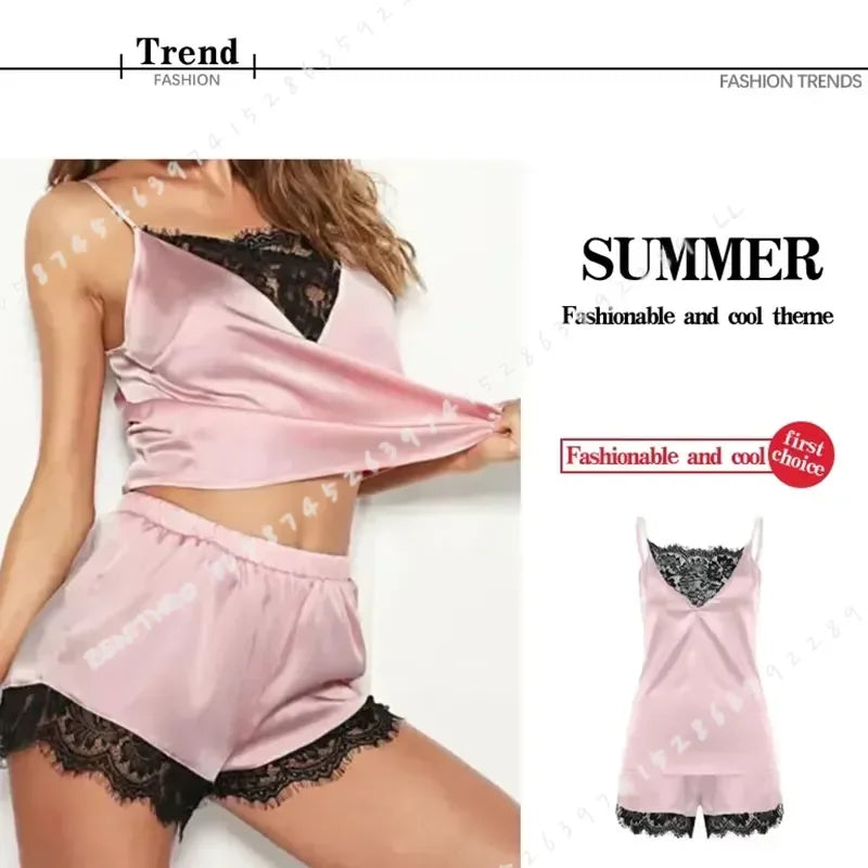 Minimalist Black Two-Piece Camisole and Shorts Set with Delicate Lace Trim