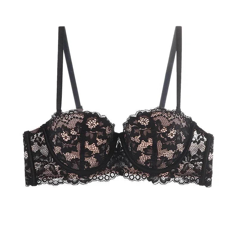 Romantic Half-Cup Balconette Bra with Intricate Floral Lace Overlay