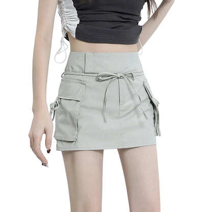 High Waist Cargo Mini Skirt with Lace-Up Detail and Utility Pockets