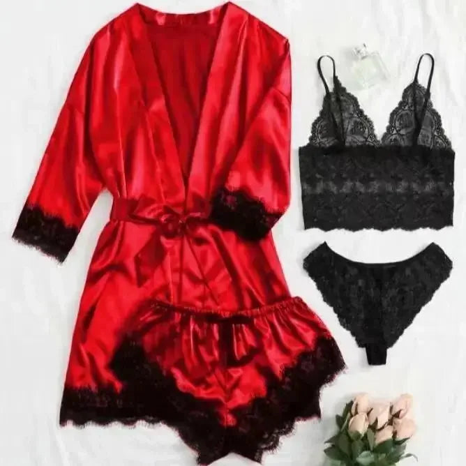 Romantic 4-Piece Satin-Finish Sleepwear Set with Bold Black Lace Trim
