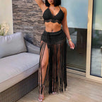 Crochet Bikini Set with Textured Knit Top and Long Tassel Beach Skirt, Open-Knit Boho Swimwear Cover-Up