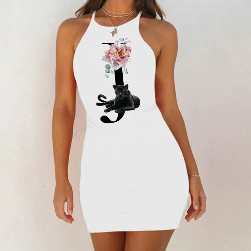 White Sleeveless Mini Nightgown with Bold Black Letter and Graphic Print, Slim Silhouette and Above-Knee Length