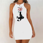 White Sleeveless Mini Nightgown with Bold Black Letter and Graphic Print, Slim Silhouette and Above-Knee Length