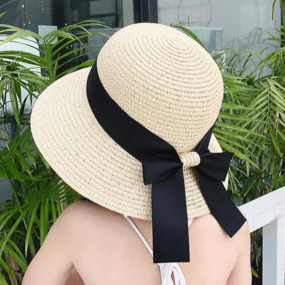 Women's Woven Straw Bucket Sun Hat with Decorative Bow for Casual Summer Outdoor Style