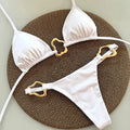 Crisp White Triangle String Bikini with Wavy Metallic Ring Hardware