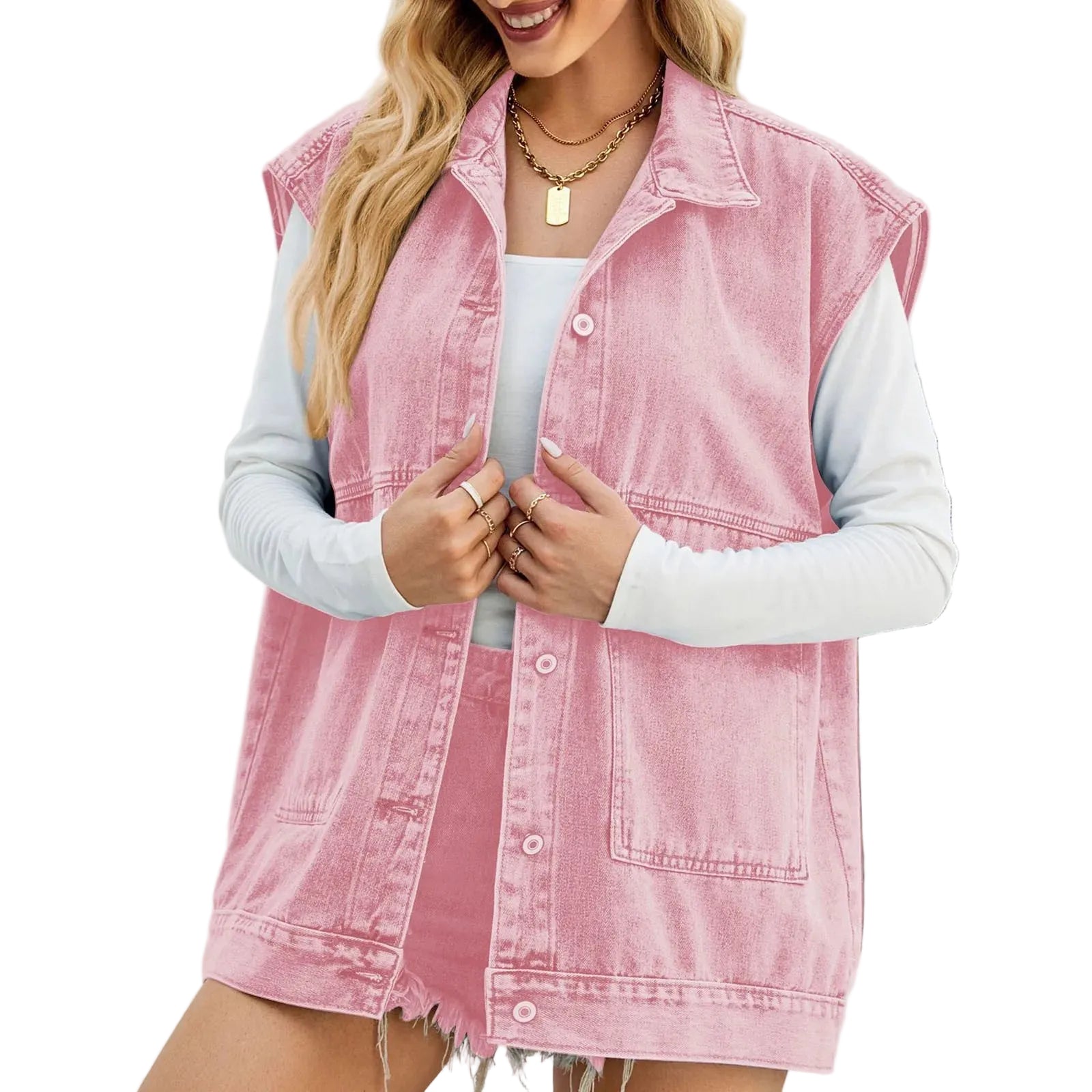 Women's Oversized Sleeveless Utility Vest with Button Front Layered Design
