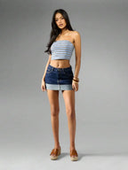Low Rise Denim Mini Skirt with Folded Hem Pocket Detail Streetwear