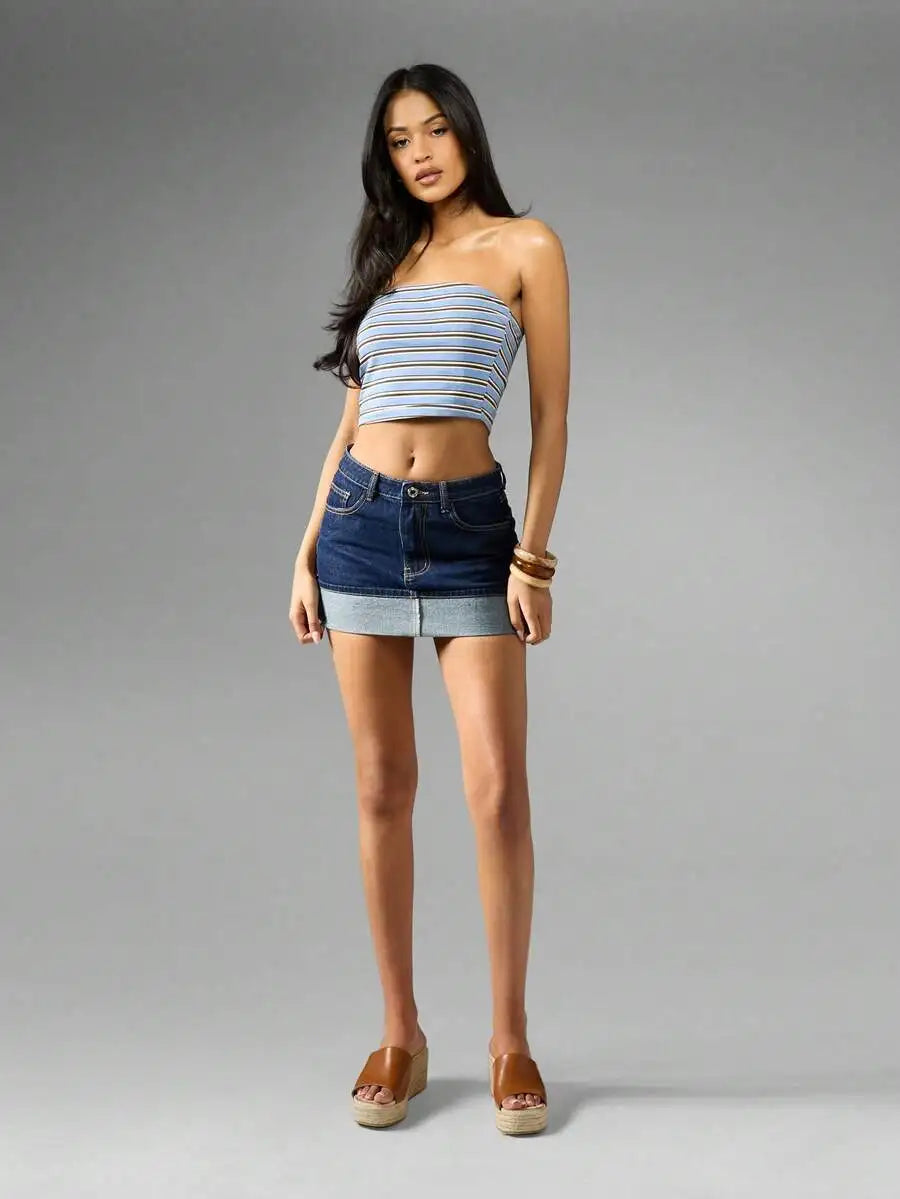 Low Rise Denim Mini Skirt with Folded Hem Pocket Detail Streetwear
