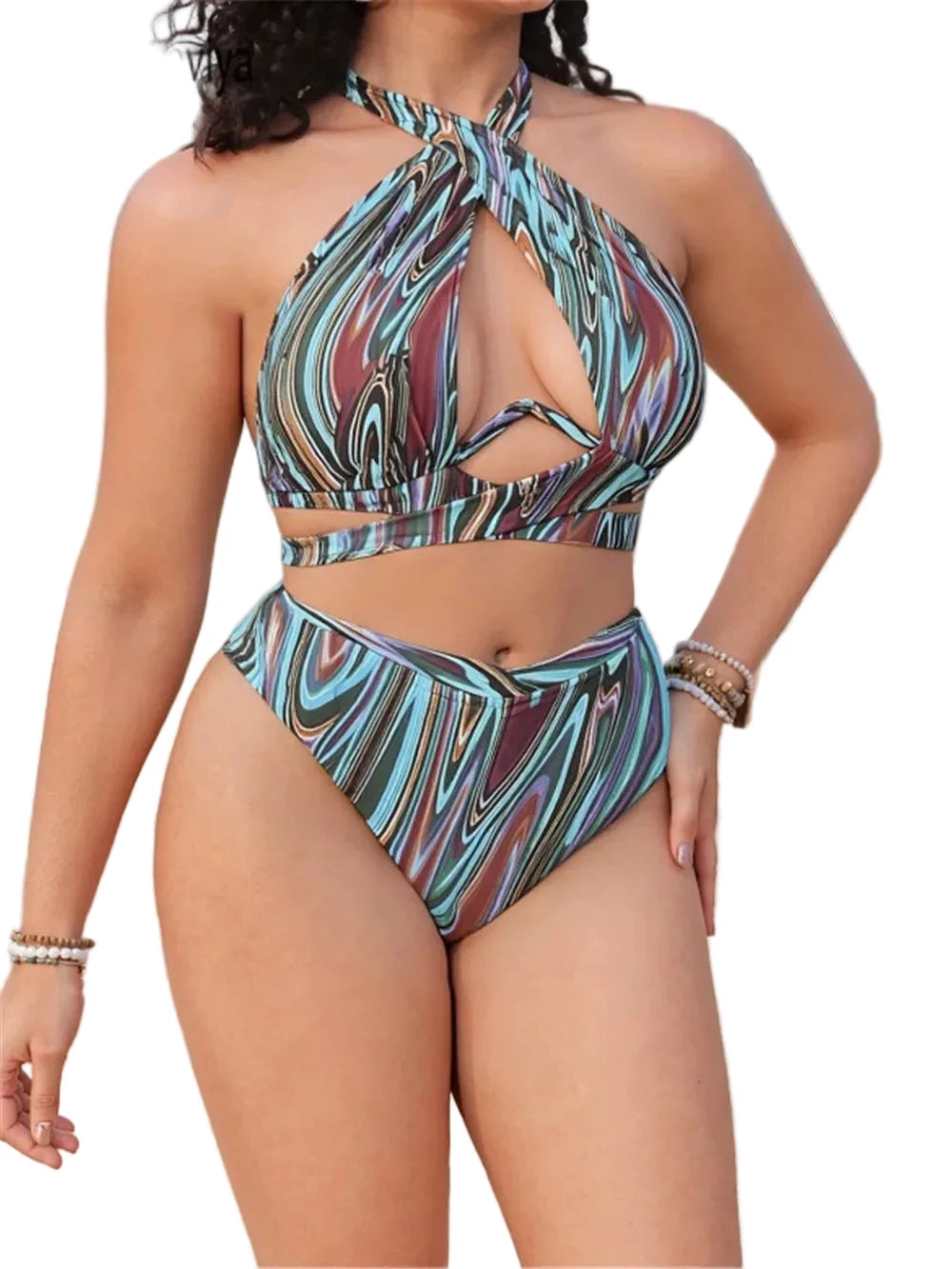 Abstract Swirl Print Halter Swimsuit with Keyhole Cutout and High-Waisted Silhouette