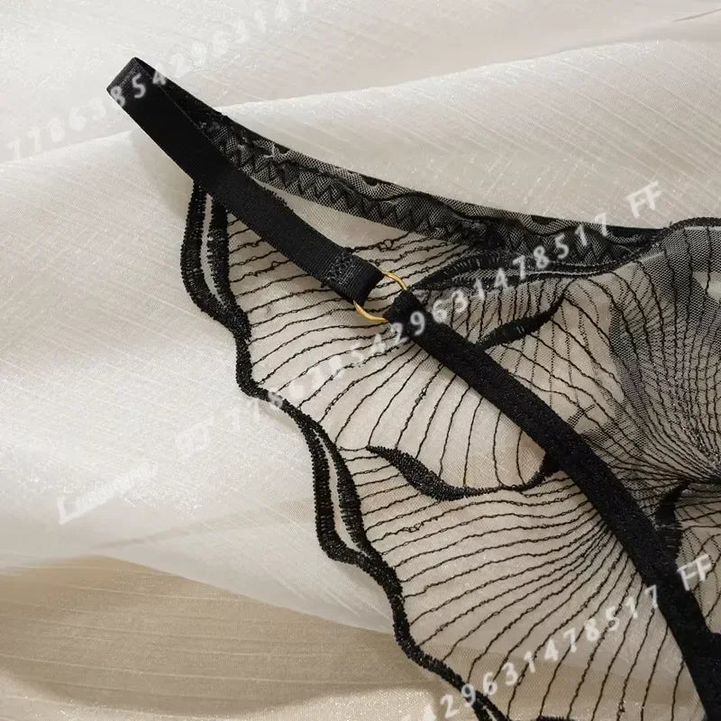 Sheer Mesh Unlined Underwire Bra and Panty Set with Botanical Leaf Embroidery