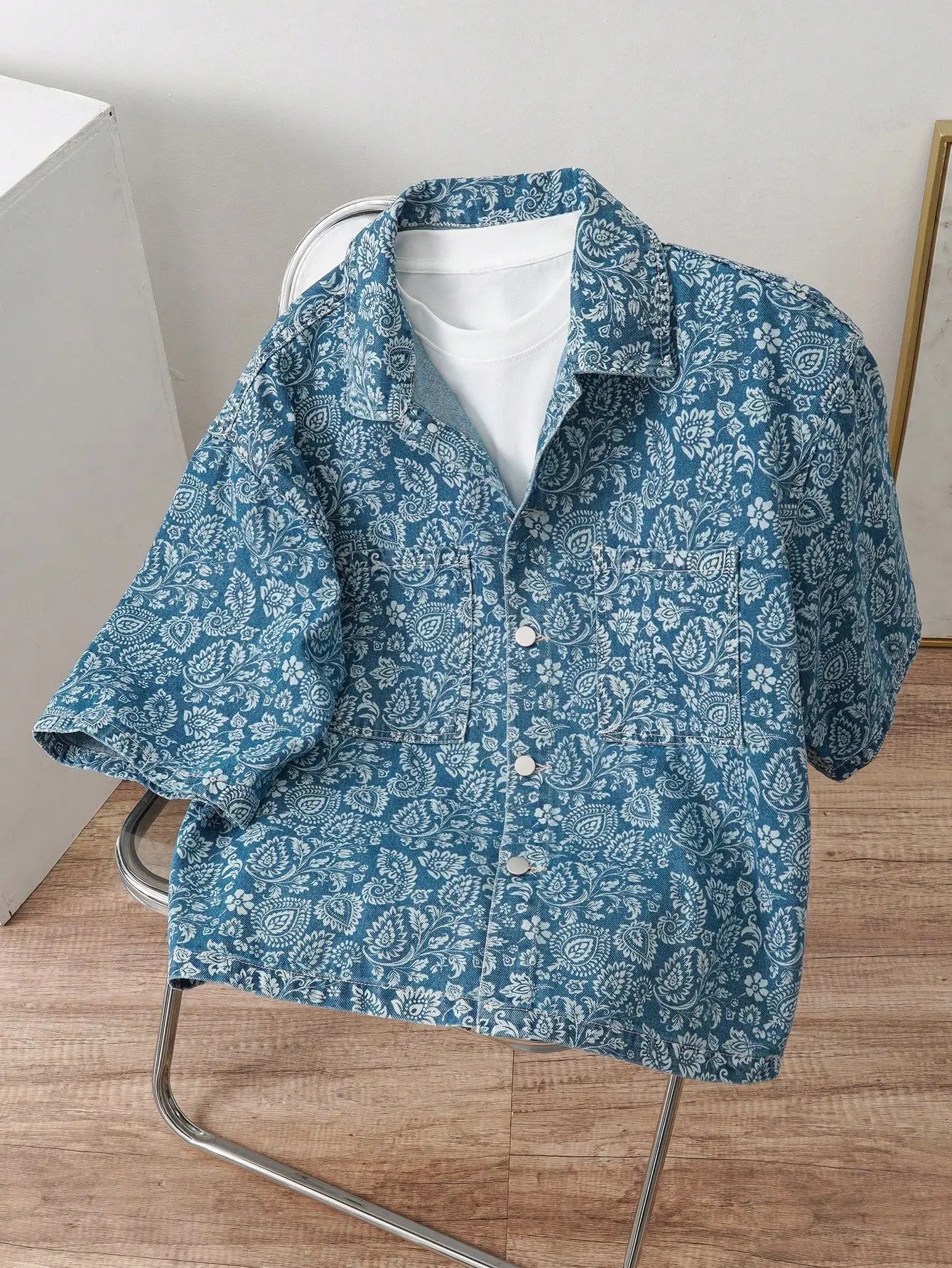 Oversized Washed Denim Button-Up Shirt Jacket with Utility Pocket Streetwear Design