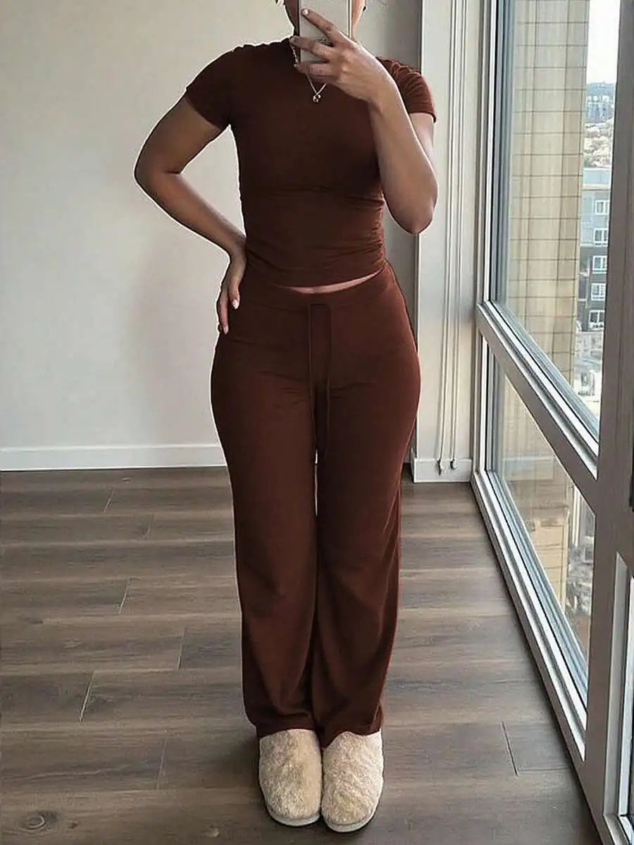 Women's Short Sleeve T-Shirt and Pants Co-Ord Set Relaxed Casual Outfit