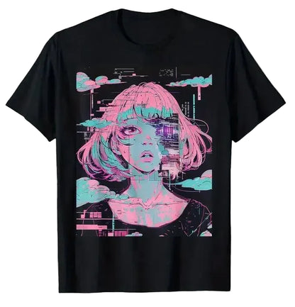 Kawaii Anime Goth Oversized Tee With Retro Alternative Graphic Design
