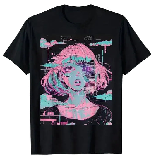Kawaii Anime Goth Oversized Tee With Retro Alternative Graphic Design