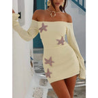 Off Shoulder Knit Mini Dress with Decorative Appliqué Y2K Inspired Style
