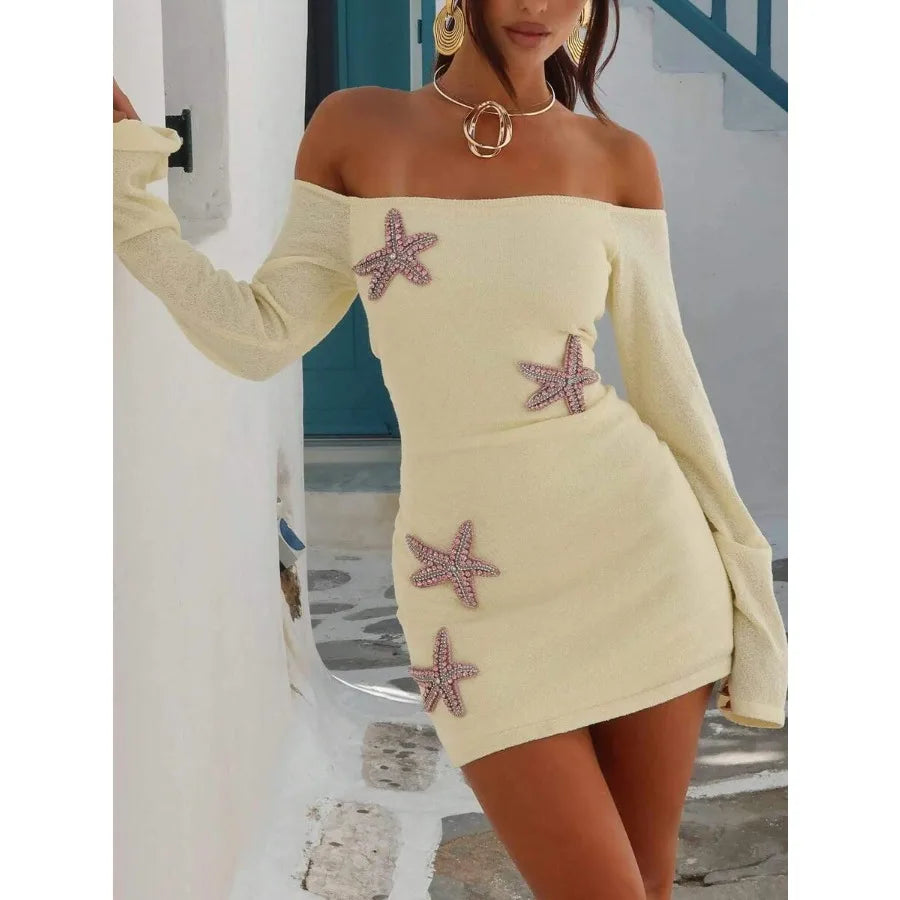 Off Shoulder Knit Mini Dress with Decorative Appliqué Y2K Inspired Style