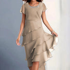 Layered Chiffon Midi Dress with Puff Sleeves and Cascading Ruffle Hem