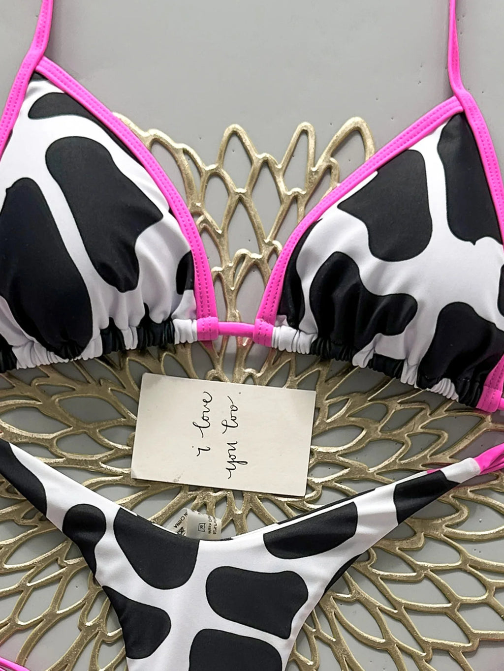 Bold Cow Print Triangle String Bikini with Neon Pink Binding