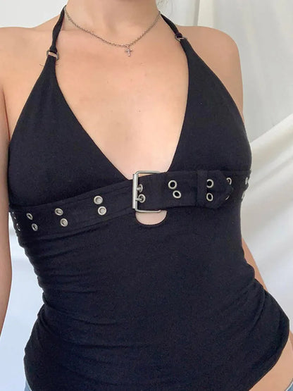 Halter Buckle Camisole Tank Top with Slim Fit Contemporary Streetwear Inspired Design