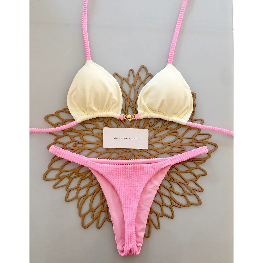 Pastel Blue Triangle Bikini with Textured Yellow Contrast Straps