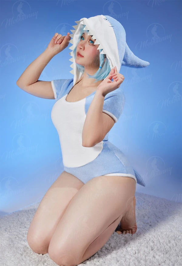 Women's Hooded Plush Romper with Shark-Inspired Design, Tail and Cozy One-Piece Fit