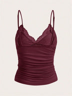 Lace Trim Bow Front Crop Cami with Ruched Slim Fit Streetwear Style