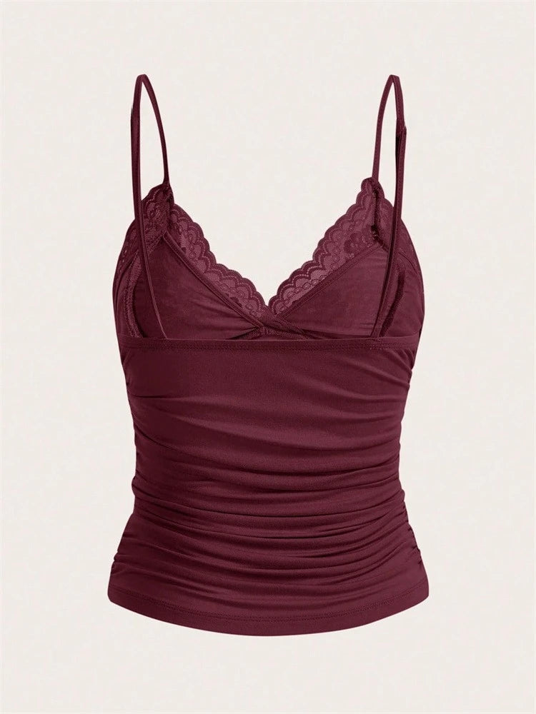 Lace Trim Bow Front Crop Cami with Ruched Slim Fit Streetwear Style