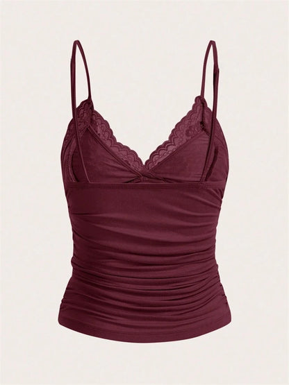 Lace Trim Bow Front Crop Cami with Ruched Slim Fit Streetwear Style