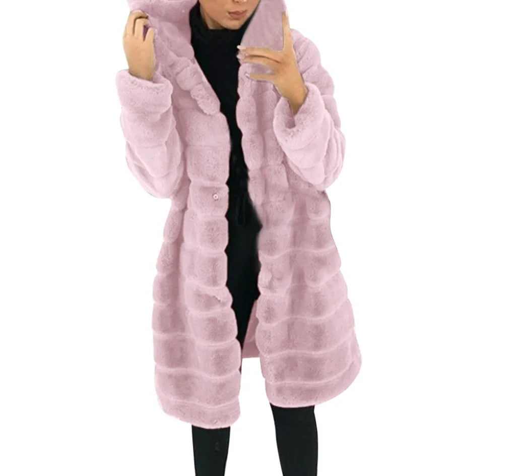 Women's Long Hooded Faux Fur Coat Plush Winter Warm Casual Statement Outerwear